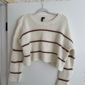 Cream Knit Sweater with Brown Stripes